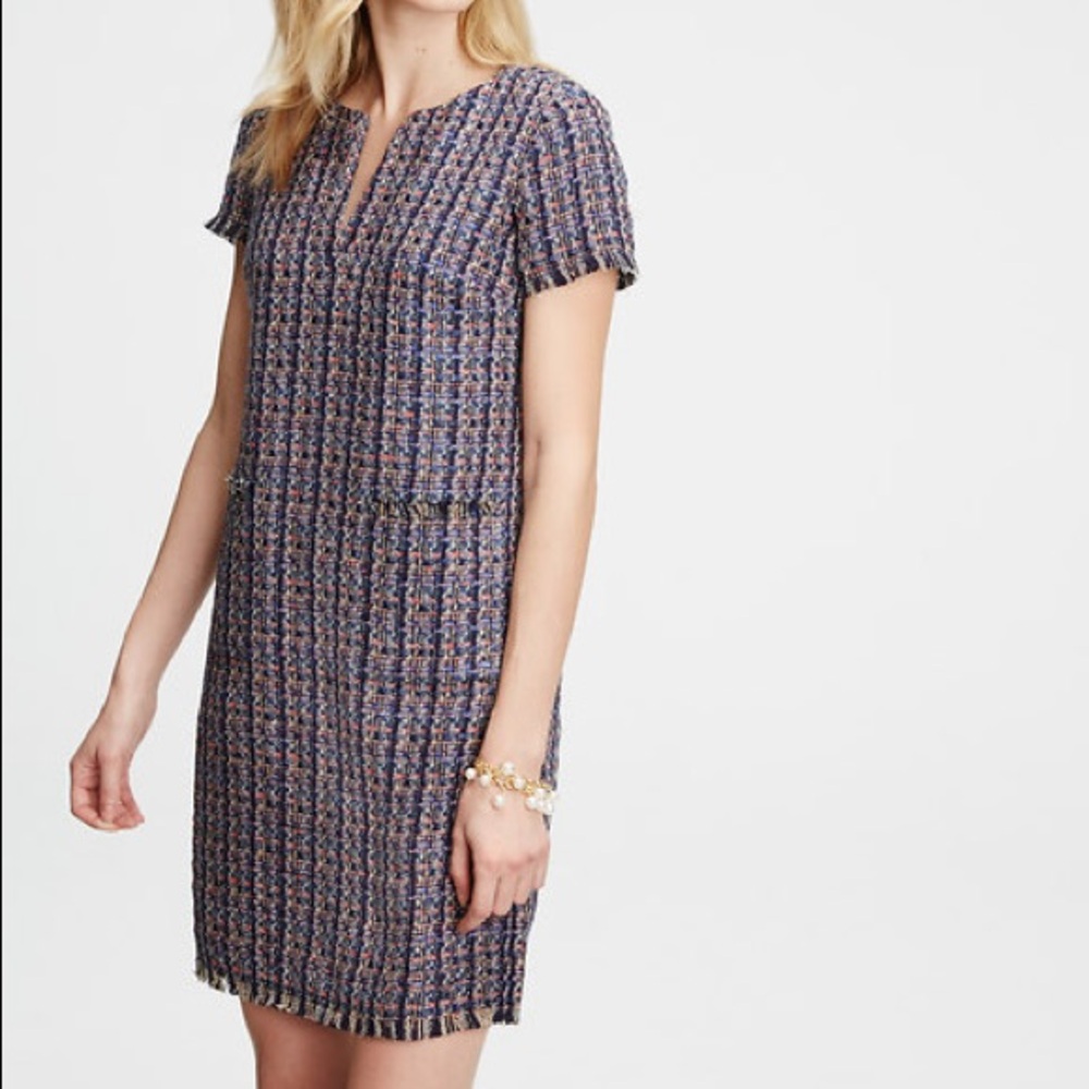 Ann Taylor - Size 0 Navy Blue Multi Tweed Pocket Fringe Shift Dress